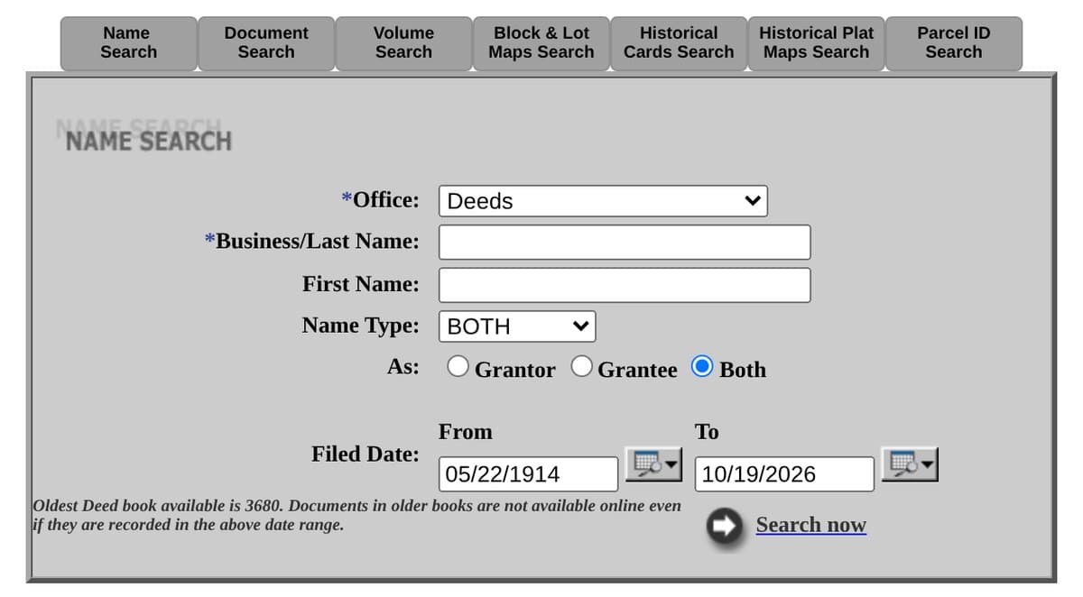 The Allegheny County deed search form on the Name Search tab, with the office set to Deeds, boxes for last and first name, Grantor, Grantee or Both buttons and a filed date range starting in 1914