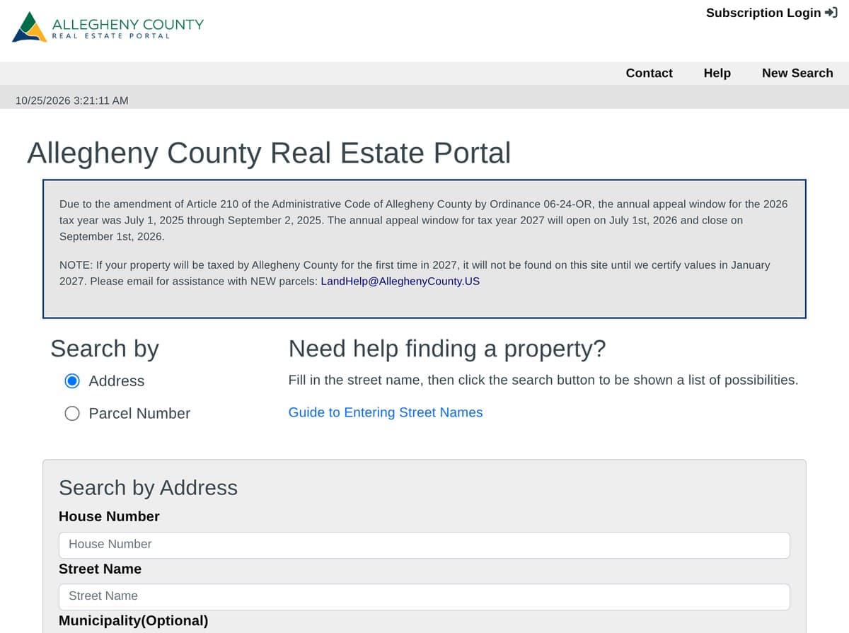 The Allegheny County Real Estate Portal search page, with a choice to search by address or parcel number and boxes for house number, street name and municipality