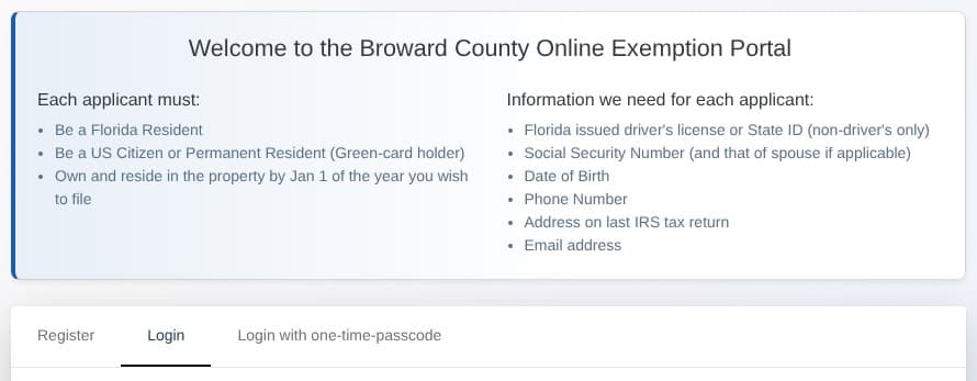 Welcome box of the Broward County Online Exemption Portal, listing who can apply and the information needed for each applicant