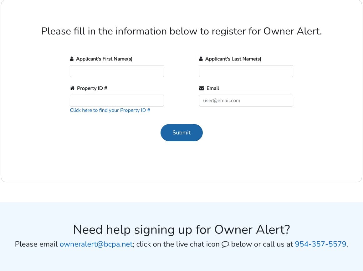 Broward County Property Appraiser Owner Alert sign-up form with fields for first name, last name, Property ID and email, and a help line with an email address and phone number