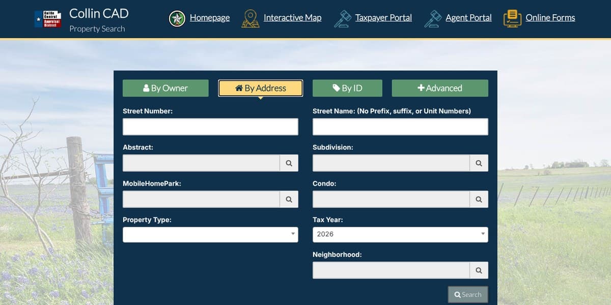 The Collin CAD property search page with the By Address tab open, showing boxes for street number, street name, subdivision and tax year.