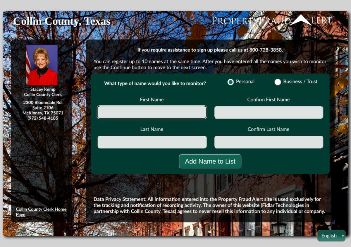 The Property Fraud Alert name form for Collin County, Texas, with a choice of Personal or Business and Trust, and empty first and last name boxes.