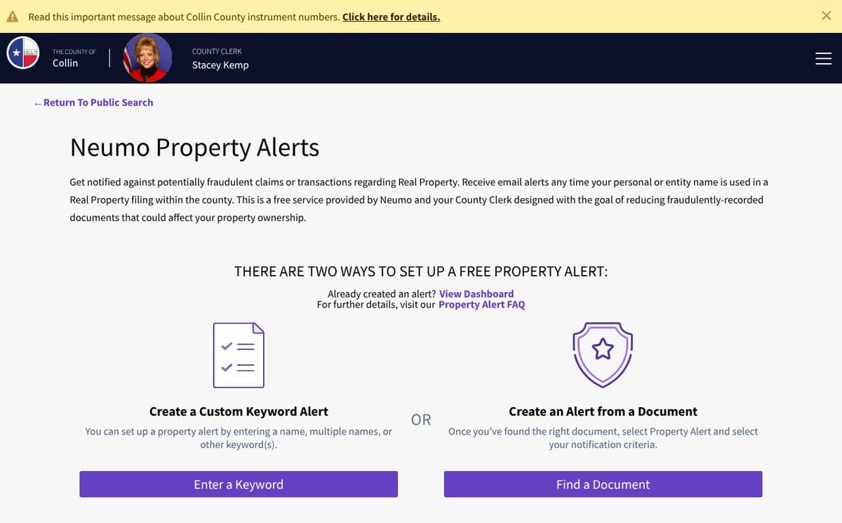 The Neumo Property Alerts page on the Collin County Clerk's portal, offering two ways to set up a free alert: enter a keyword or find a document.