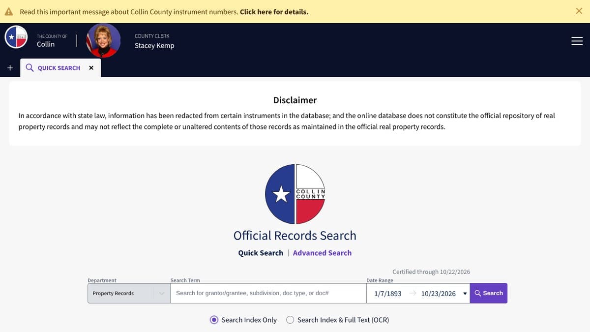 The Collin County Clerk's Official Records Search page, with a search box, a date range and a note that records are certified through October 22, 2026.