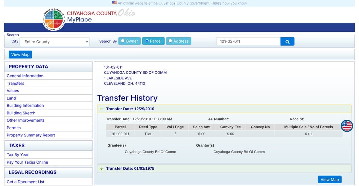 MyPlace record for parcel 101-02-011, the county-owned courthouse at 1 Lakeside Avenue, with its Transfer History open to show deed type, sales amount, grantee and grantor