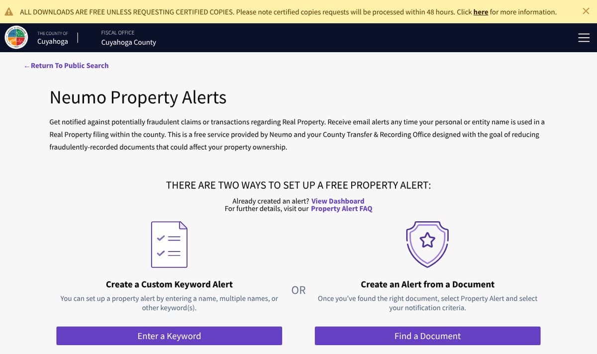 Neumo Property Alerts page on the Cuyahoga County records site, offering a custom keyword alert or an alert created from a document