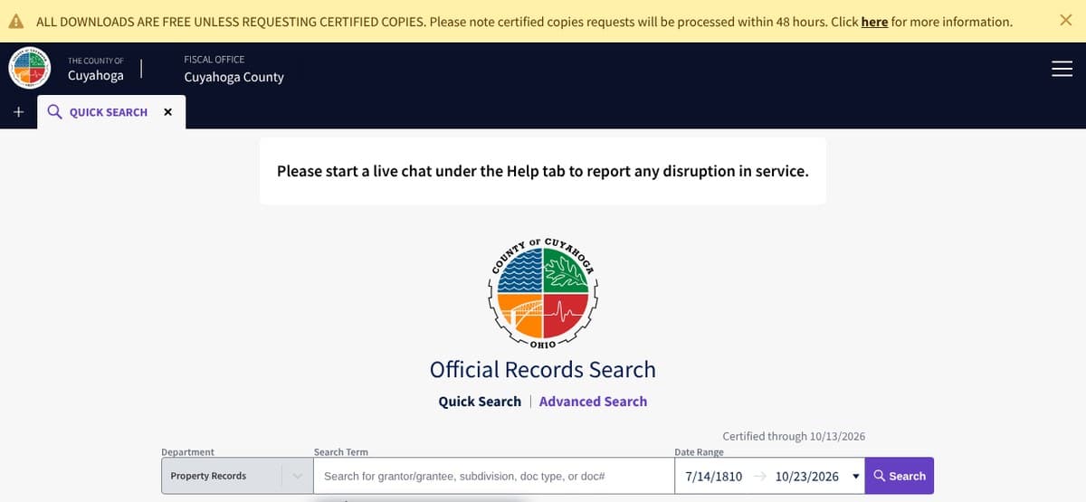 Official Records Search home page with a yellow banner saying all downloads are free unless you request certified copies, and a date range that starts on 7/14/1810