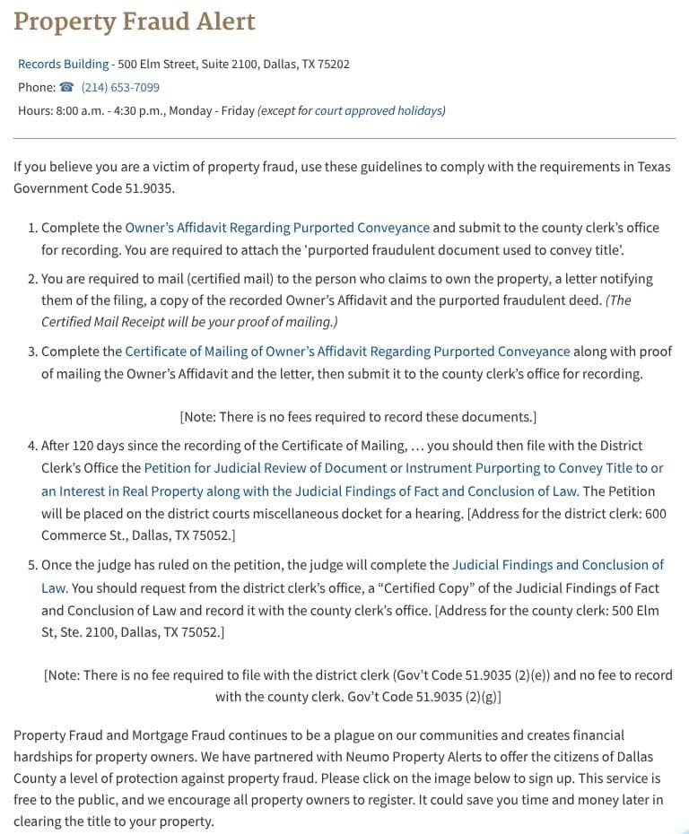 The Dallas County Clerk's Property Fraud Alert page, listing five steps for an owner's affidavit, a certificate of mailing and a petition under Texas Government Code 51.9035