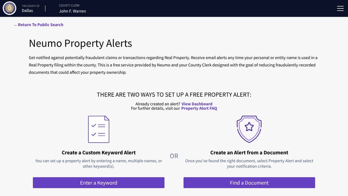 The Neumo Property Alerts page for Dallas County, offering a custom keyword alert or an alert built from a recorded document