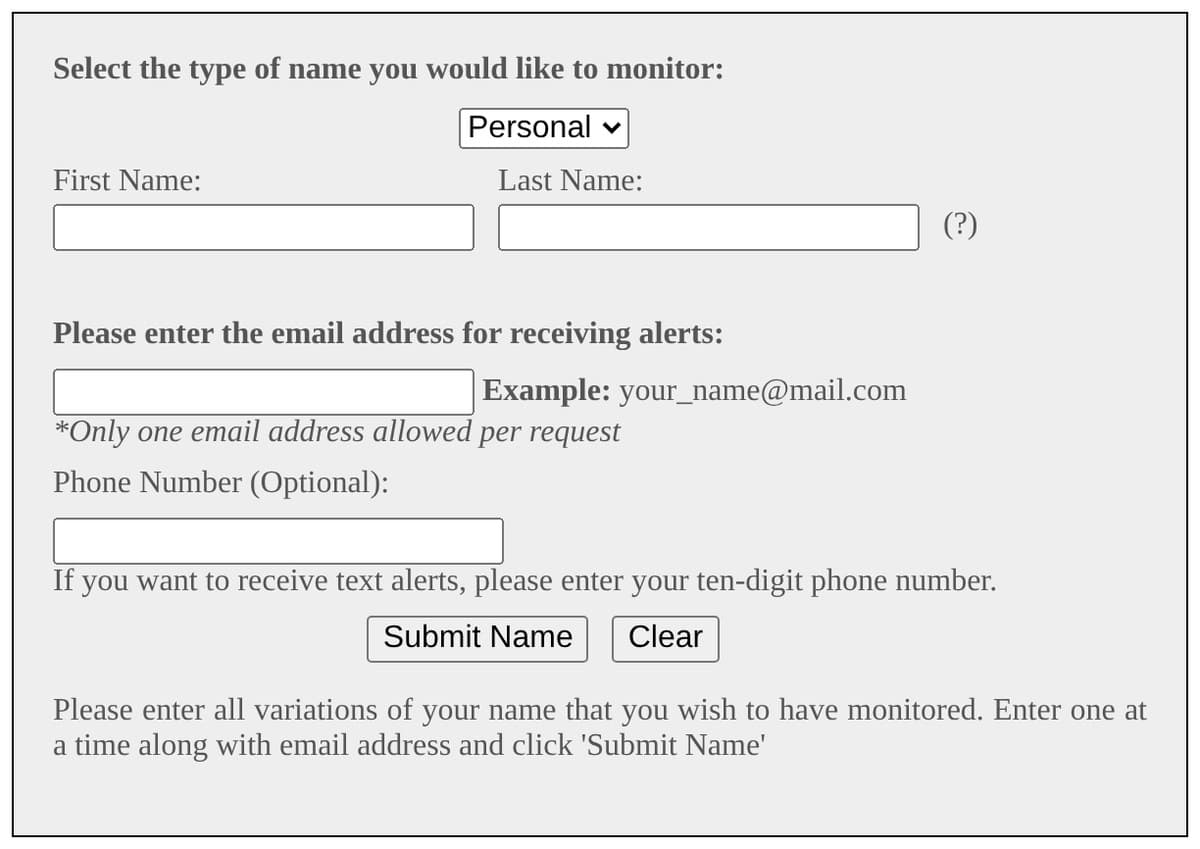 The Davidson County Property Alert form with boxes for first name, last name, one email address and an optional phone number for text alerts