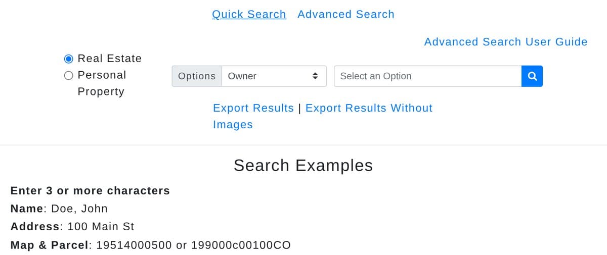 The Davidson County Assessor of Property search page, set to search real estate by owner, with the site's examples for name, address and map and parcel searches