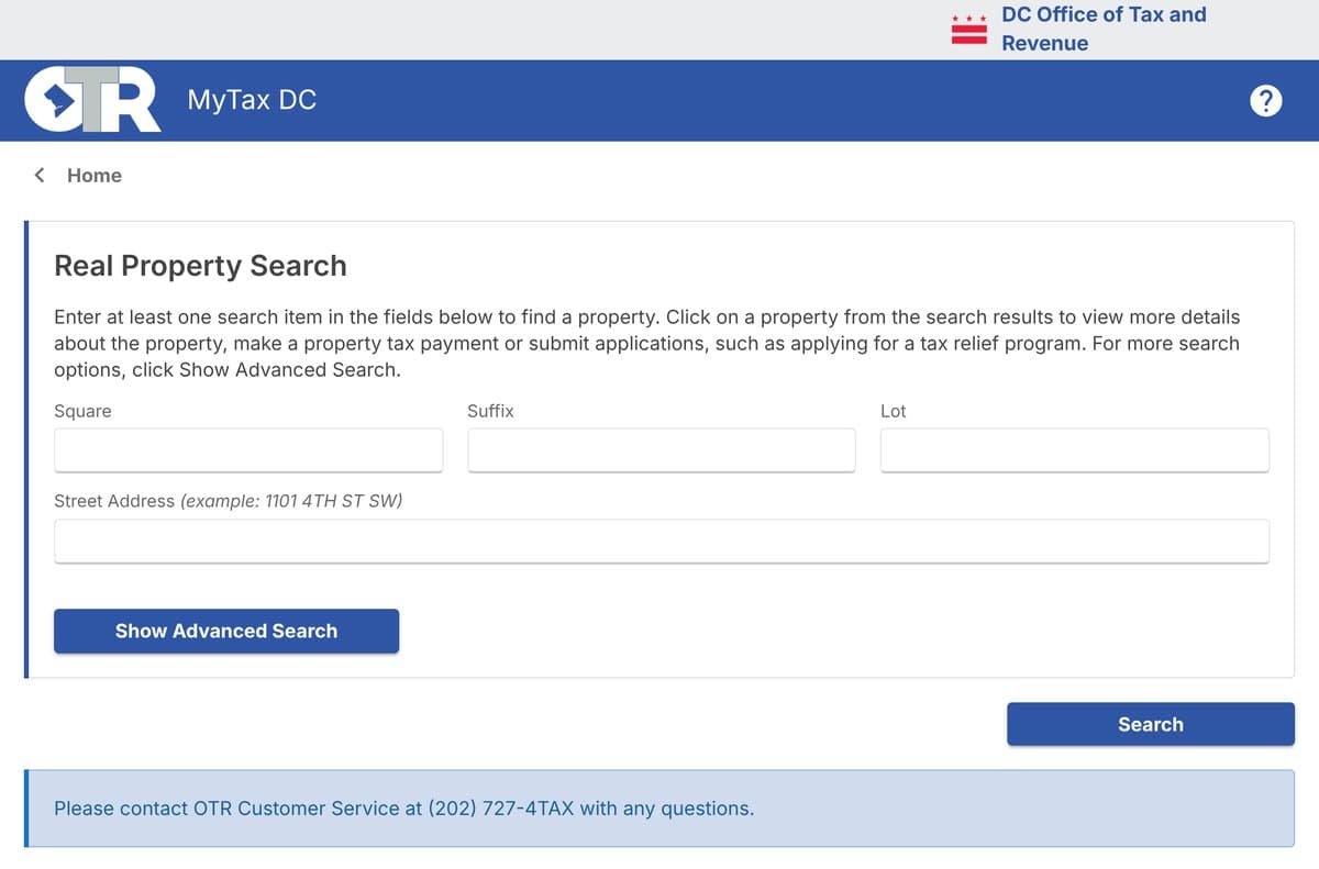 The MyTax DC Real Property Search form, with boxes for square, suffix, lot and street address and a Search button.