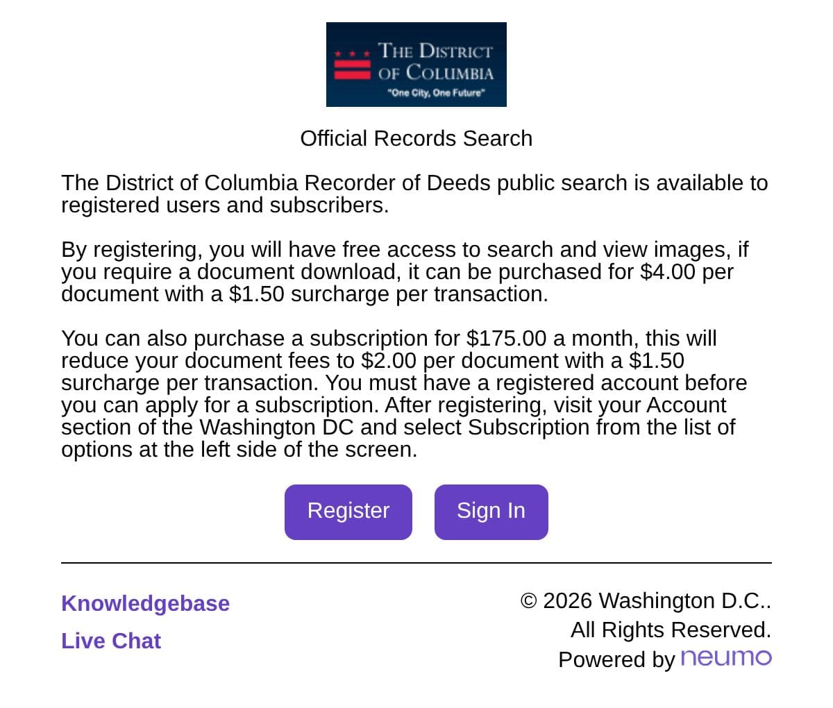The DC Recorder of Deeds Official Records Search page, listing the download and subscription fees, with buttons to register or sign in.