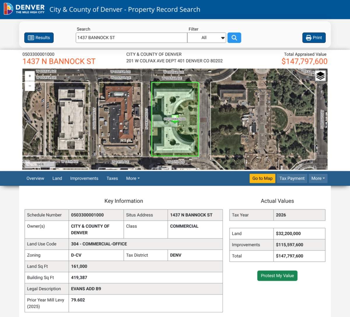 Denver's online property record for the city-owned City and County Building, showing its schedule number, owner name, mailing address, map and values.