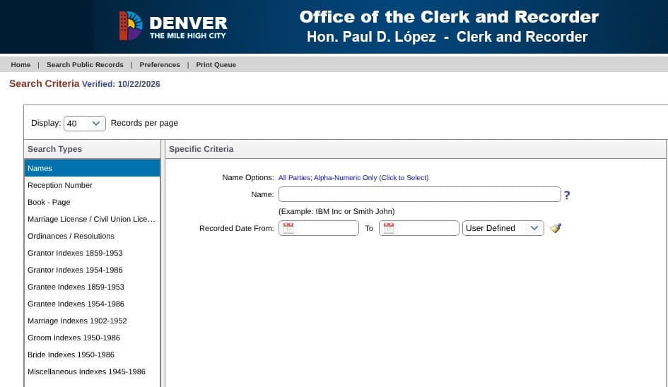 The Denver Clerk and Recorder's guest search page, with search types such as Names and Reception Number on the left and an empty Name box in the middle.