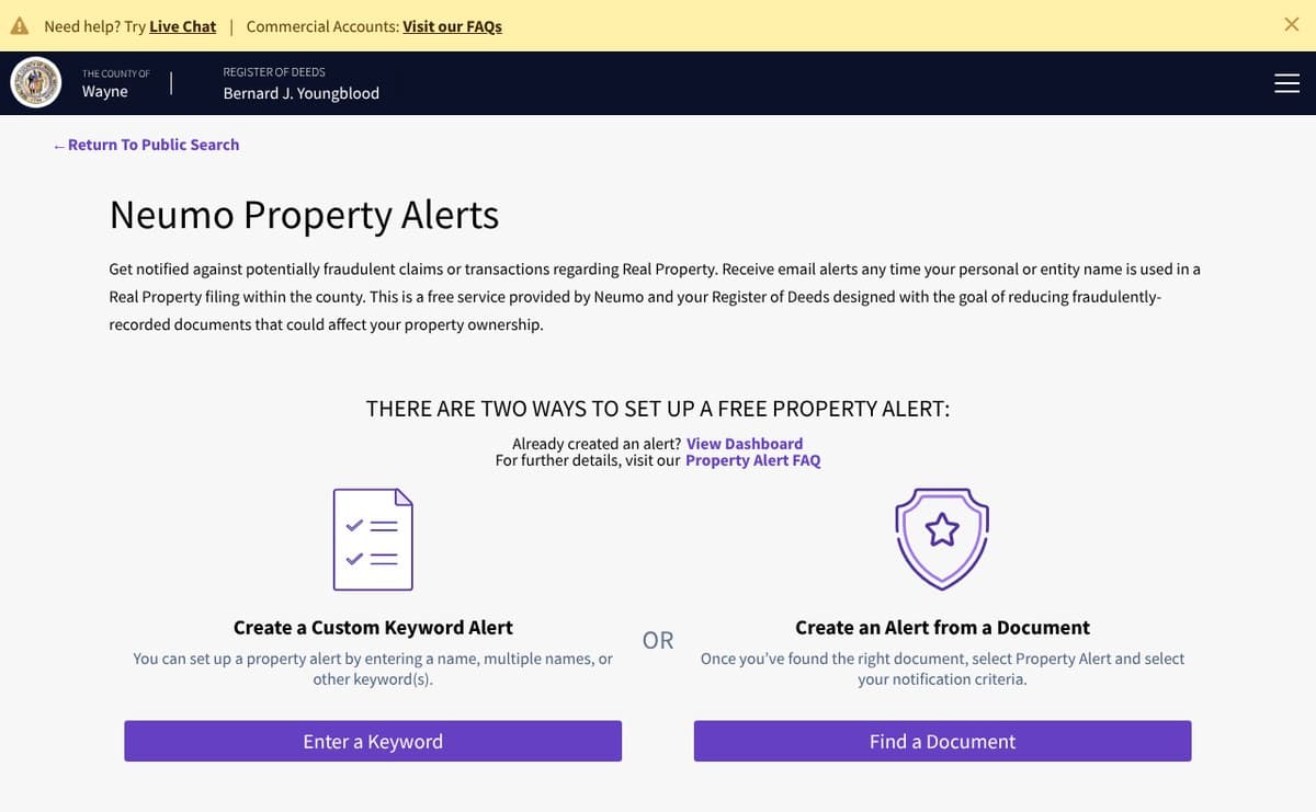 Wayne County Register of Deeds Property Alert page with two options, Enter a Keyword and Find a Document, for setting up a free alert