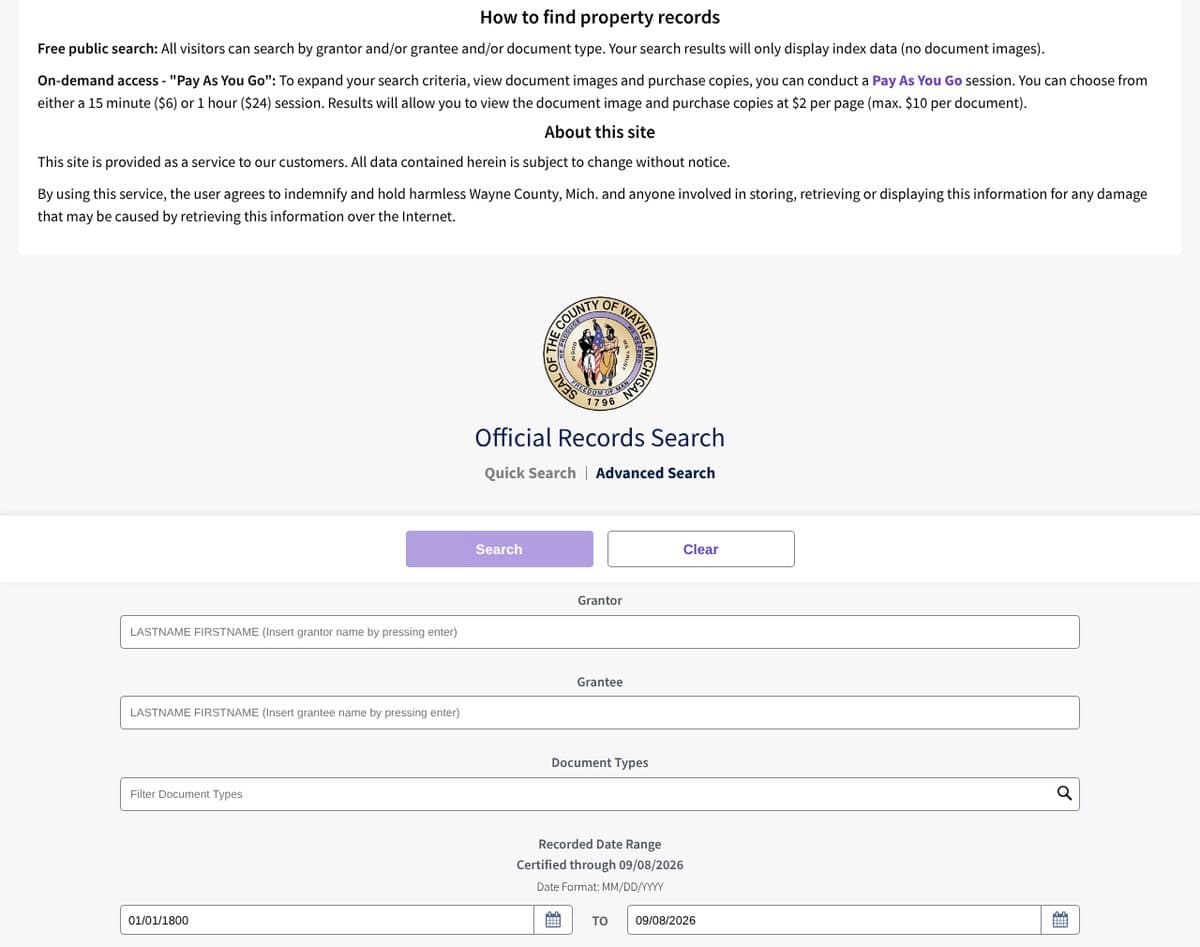 Wayne County Register of Deeds official records search page with grantor, grantee, document type and date range fields, and a note on free and Pay As You Go searches