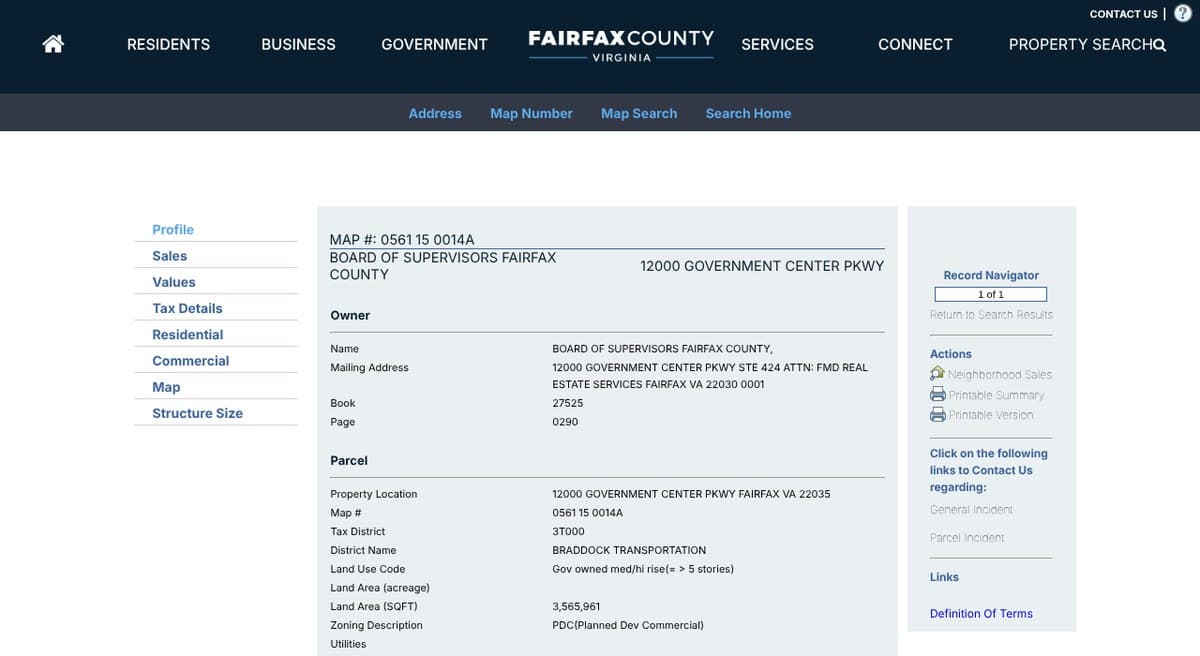 iCare property profile of the Fairfax County Government Center, owned by the county Board of Supervisors, showing deed book 27525 and page 0290 in the owner section.