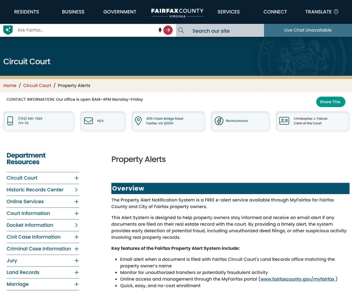 The Fairfax Circuit Court's Property Alerts web page, describing a free email alert through MyFairfax for Fairfax County and City of Fairfax property owners.