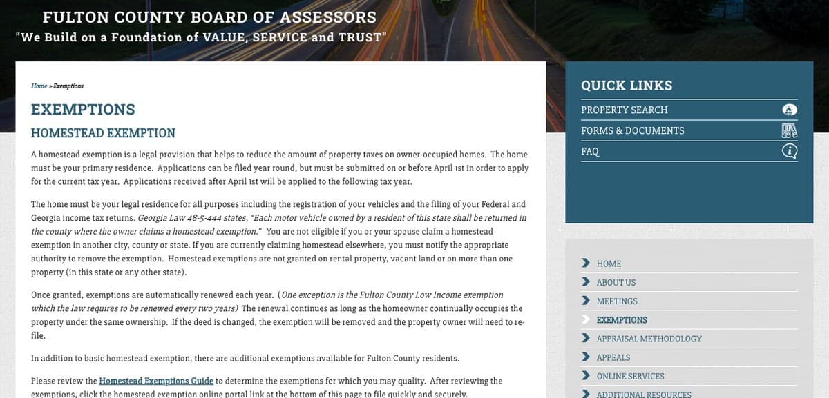 The Fulton County Board of Assessors exemptions page, explaining the April 1 deadline and that a changed deed removes the homestead exemption