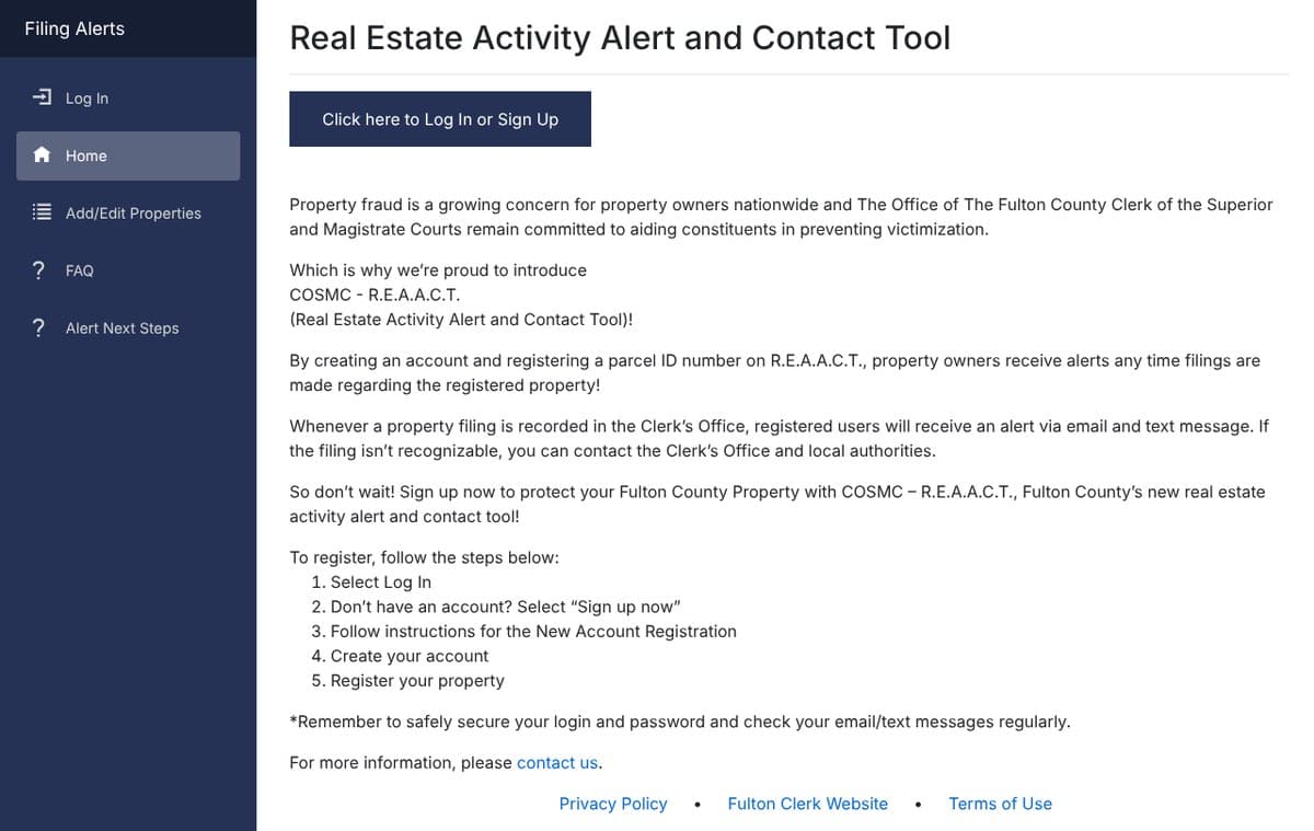 The Fulton County Clerk's R.E.A.A.C.T. page with a Log In or Sign Up button and five steps to register a property