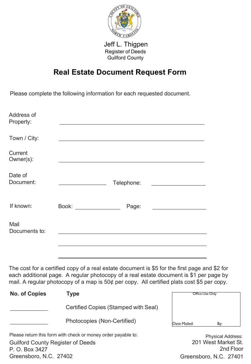 The blank Guilford County Real Estate Document Request Form, with lines for the property address, owners, book and page, and the copy fees.