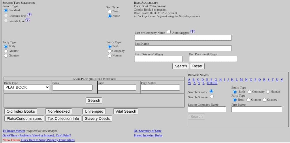 The Guilford County Register of Deeds Real Estate Look Up form, with name, date and book and page search boxes.