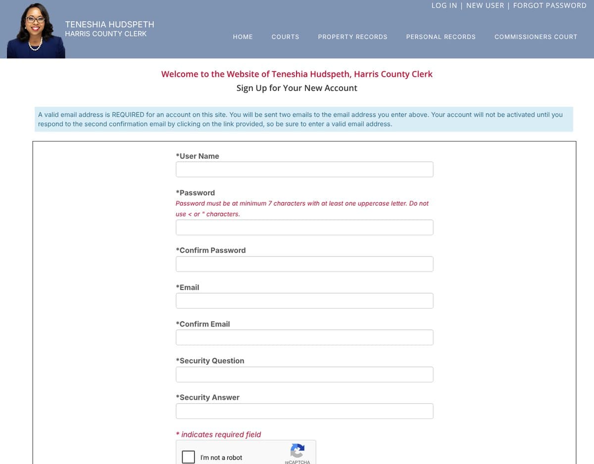 The Harris County Clerk's new account form, with boxes for user name, password, email, a security question and answer, and an I'm not a robot check box.