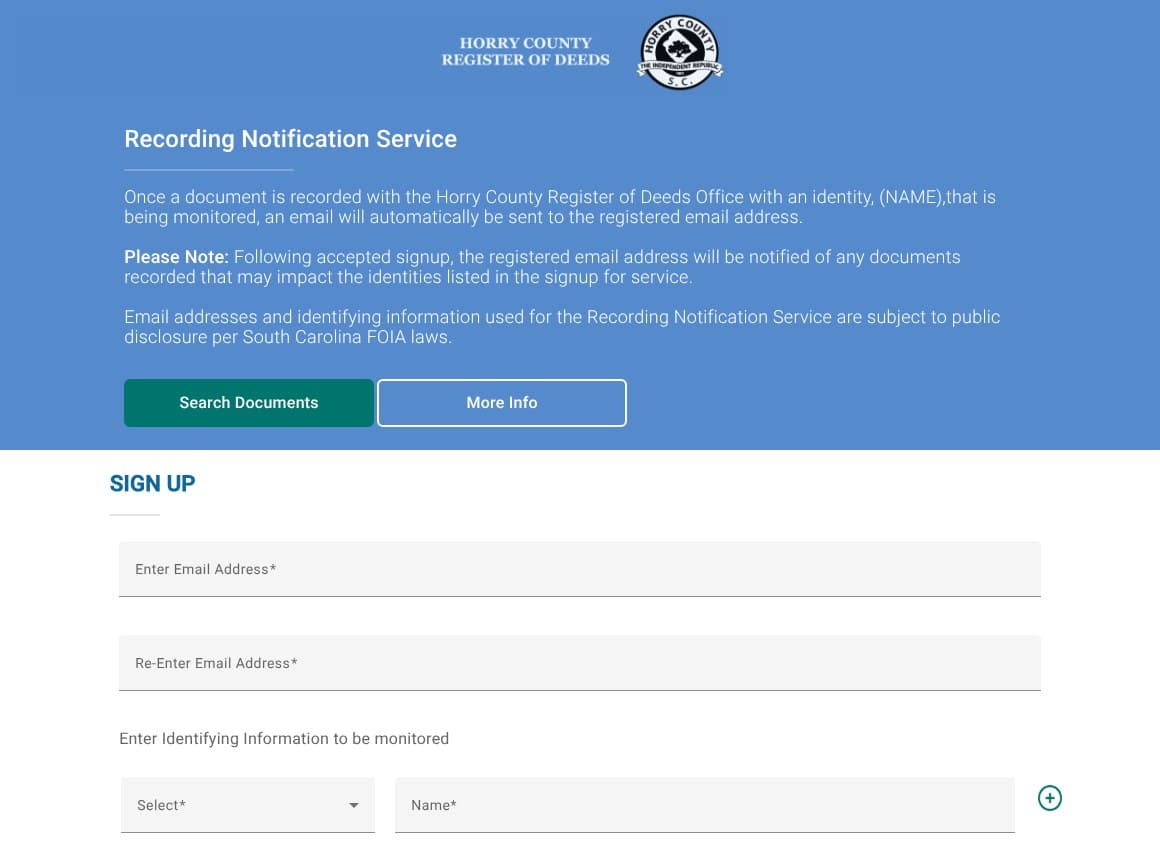 Horry County Register of Deeds Recording Notification Service sign-up form with two email fields, a Select menu, a Name field and a plus button