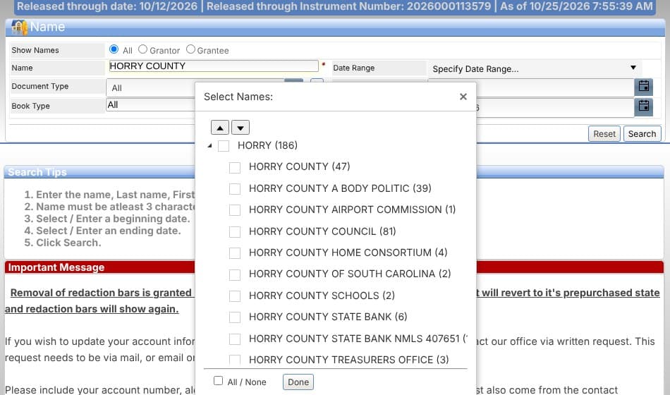 Horry County's online records search with the name Horry County typed in and a Select Names list showing spellings such as Horry County Council, each with a record count