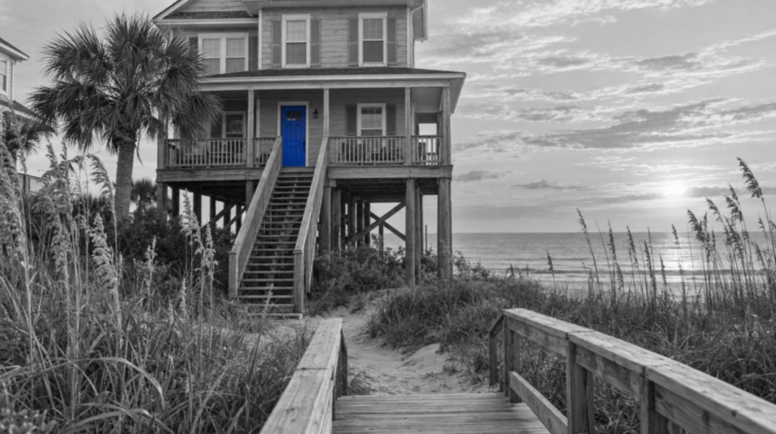 Black-and-white photo of a raised beach house on tall wooden pilings behind sea oats and a dune walkover on the Grand Strand. The front door is bright blue.