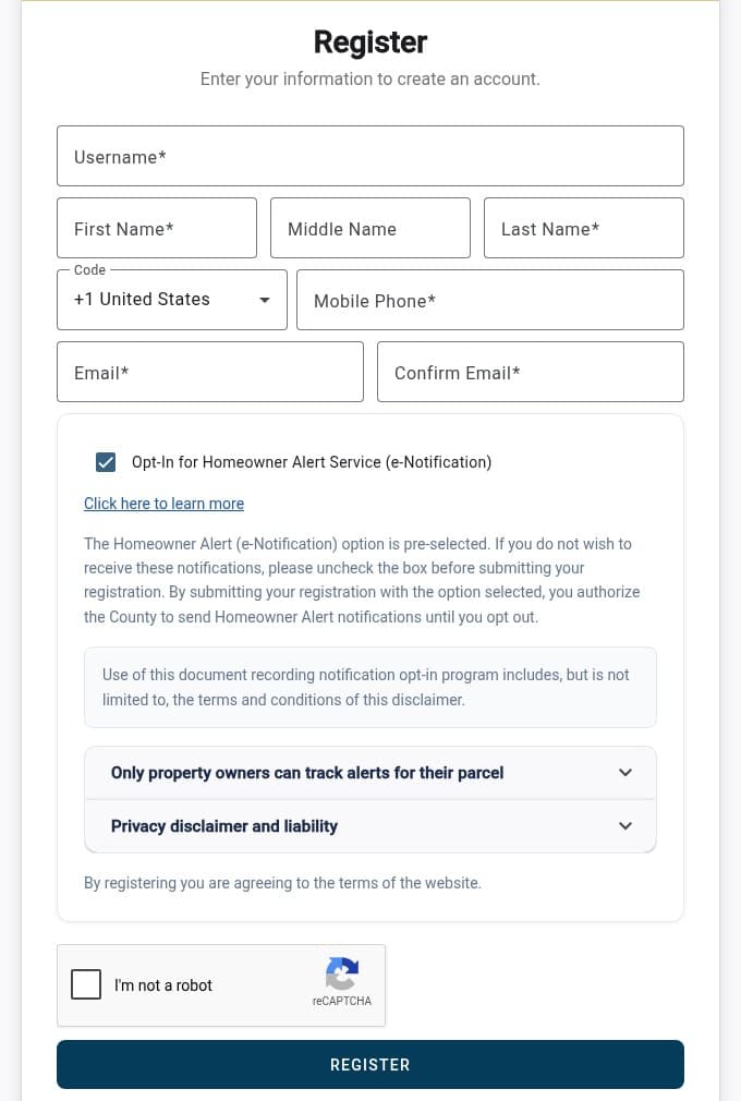 Blank Los Angeles County Assessor registration form with fields for username, name, mobile phone and email, and a checked box to opt in to the Homeowner Alert Service