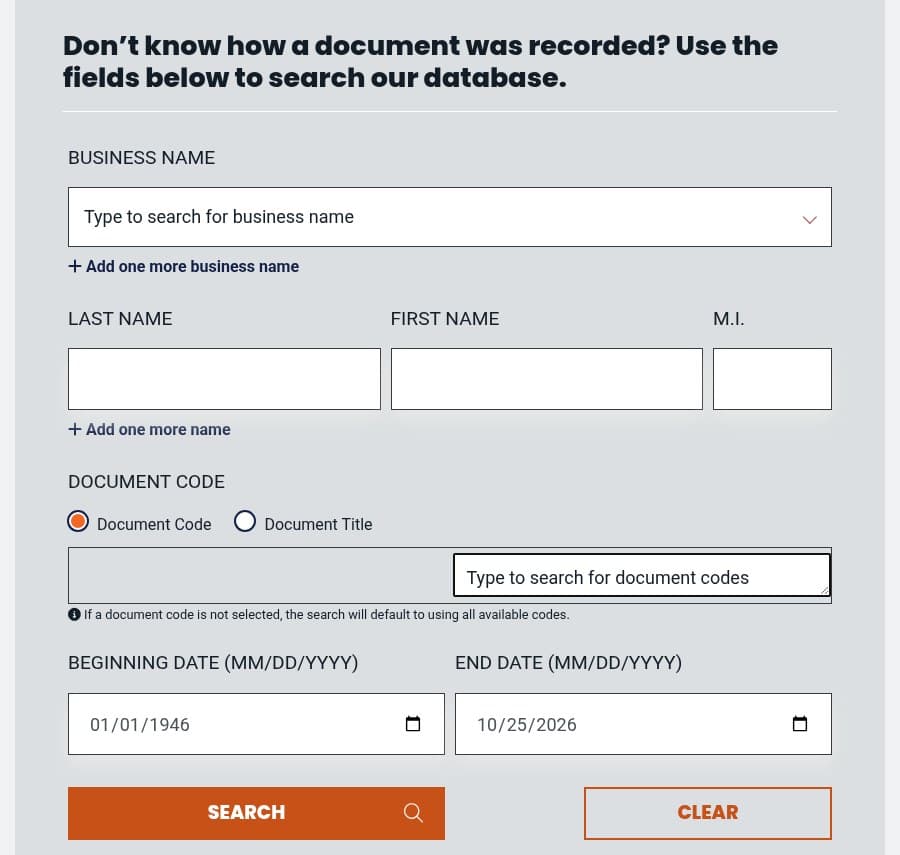 The name search form on the Maricopa County Recorder's document search page, with boxes for a business name, last name, first name, document code and a date range