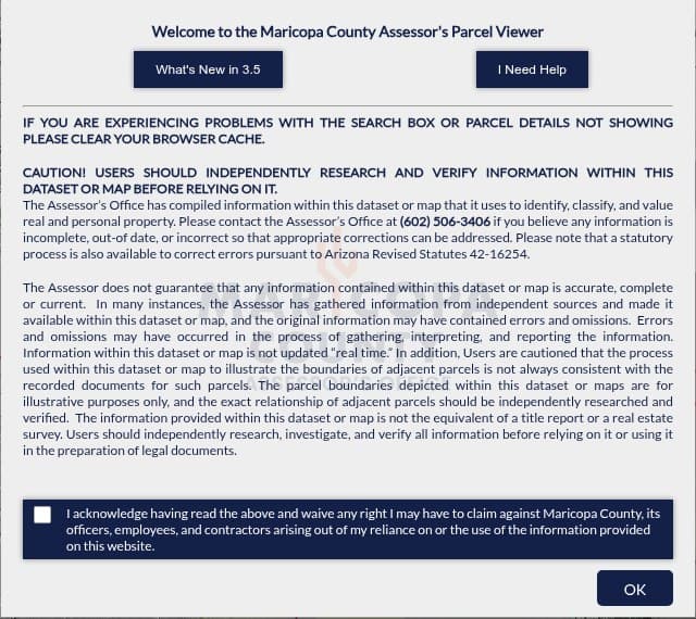 The welcome box of the Maricopa County Assessor's Parcel Viewer, warning that the map data is not updated in real time and giving the Assessor's phone number