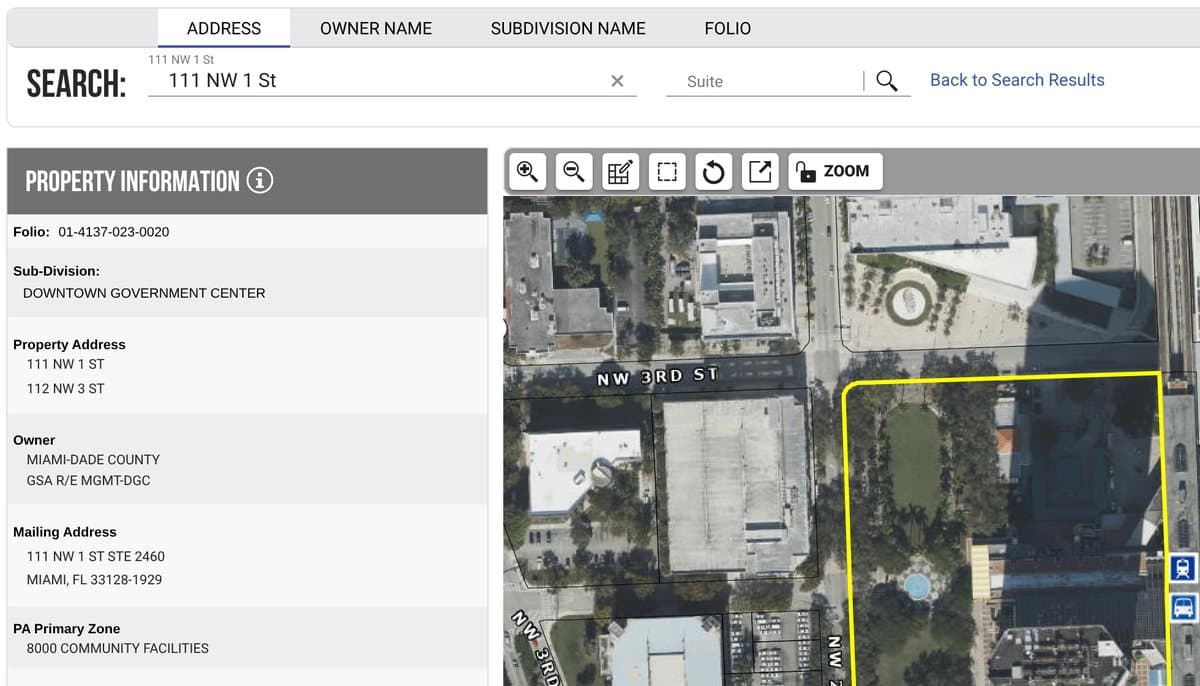 Miami-Dade Property Appraiser search result for 111 NW 1st Street, a county-owned building, showing folio 01-4137-023-0020, owner Miami-Dade County, its mailing address and an aerial map with the parcel outlined in yellow