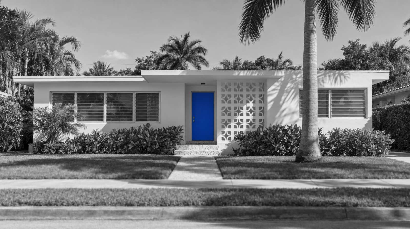Black-and-white photo of a one-story Miami Mid-Century Modern house with a flat roof, a breeze-block screen wall, a tall royal palm and a bright blue front door.