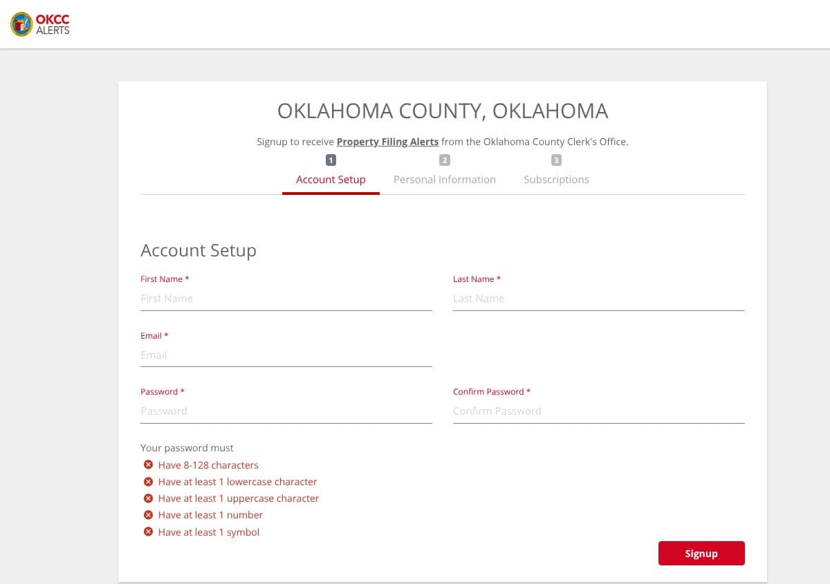 The Oklahoma County Clerk's Property Filing Alerts sign-up page, with three steps (account setup, personal information, subscriptions) and boxes for name, email and password.