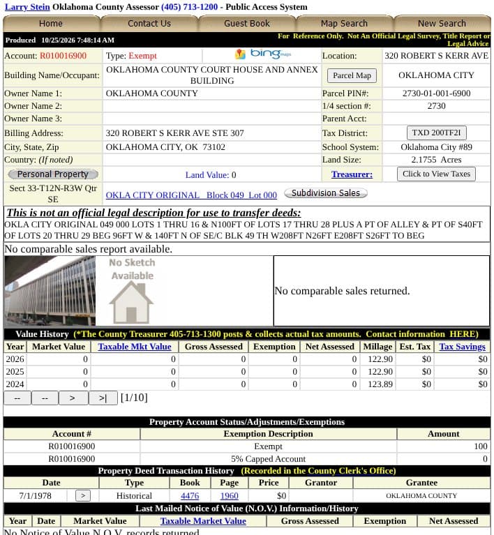 The Assessor's record for the Oklahoma County courthouse at 320 Robert S. Kerr Avenue, showing owner name, billing address, value history, exemptions and a deed history with book and page numbers.