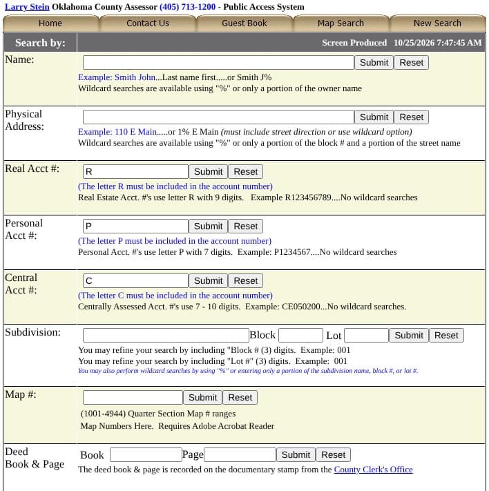 The Oklahoma County Assessor's Public Access System search page, with boxes to search by owner name, physical address, account number, subdivision, map number and deed book and page.