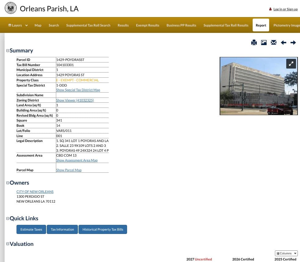 An Orleans Parish Assessor property report for a parcel owned by the City of New Orleans, with summary, owner, quick links and valuation sections
