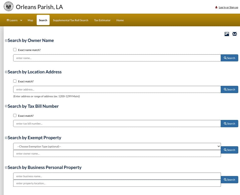 The Orleans Parish Assessor's Beacon search page with boxes to search by owner name, location address, tax bill number, exempt property and business personal property