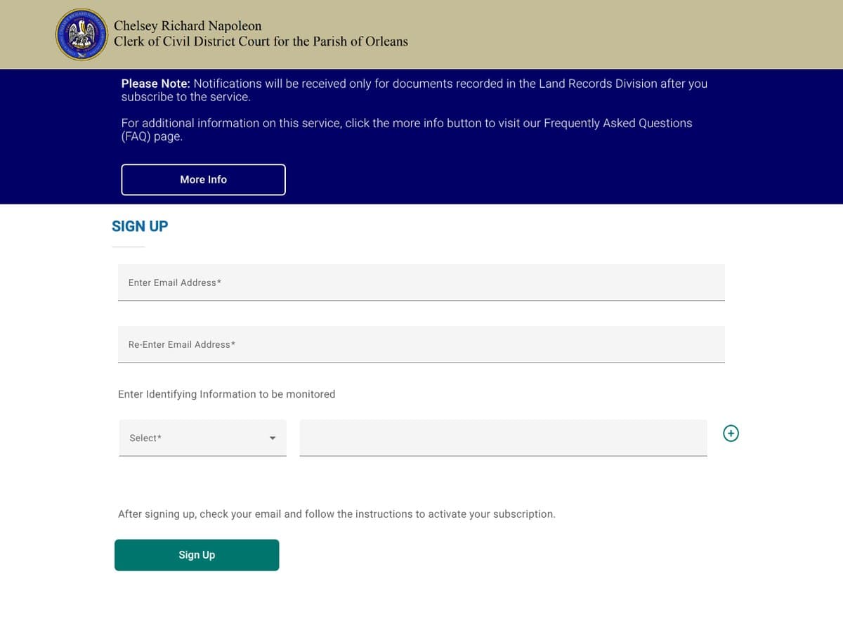 The Orleans Parish Clerk of Civil District Court's Recording Notification Service sign-up form with two email boxes, a menu and box for the item to watch, and a Sign Up button