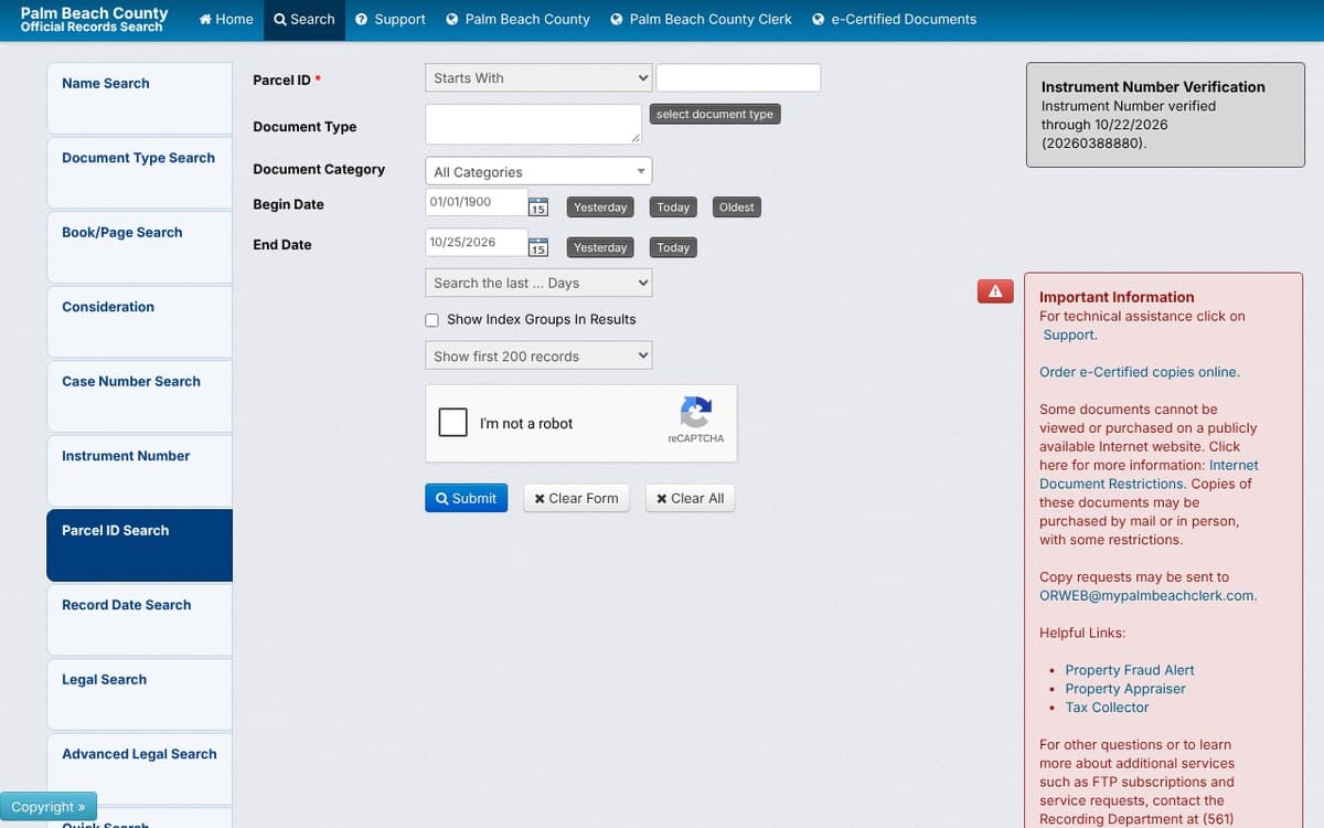The Palm Beach County Official Records Search parcel ID form, with Begin Date and End Date fields, an I'm not a robot box and a Submit button, beside a menu of other search types