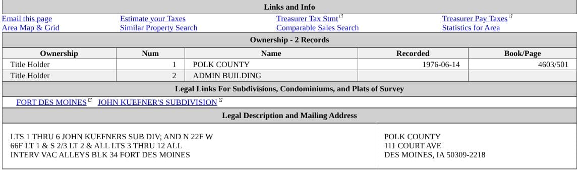 Ownership box on a Polk County Assessor parcel page listing Polk County as title holder, recorded 1976-06-14 at Book/Page 4603/501, under links to the Treasurer's tax statement
