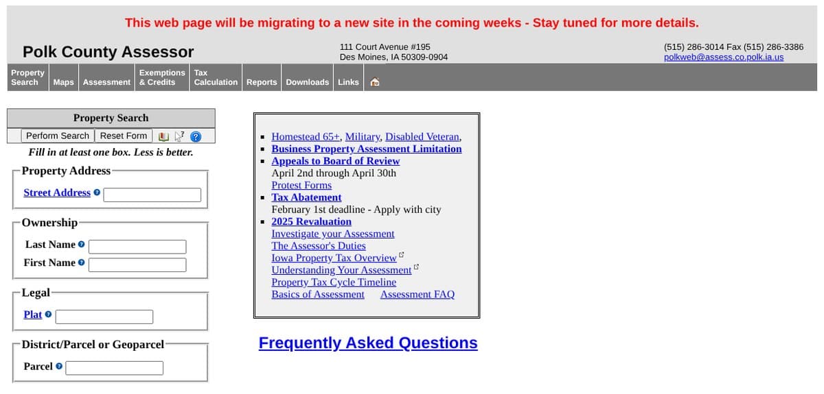 Polk County Assessor home page with a red banner about moving to a new site, above a Property Search form with boxes for street address, owner last and first name, legal plat and parcel number