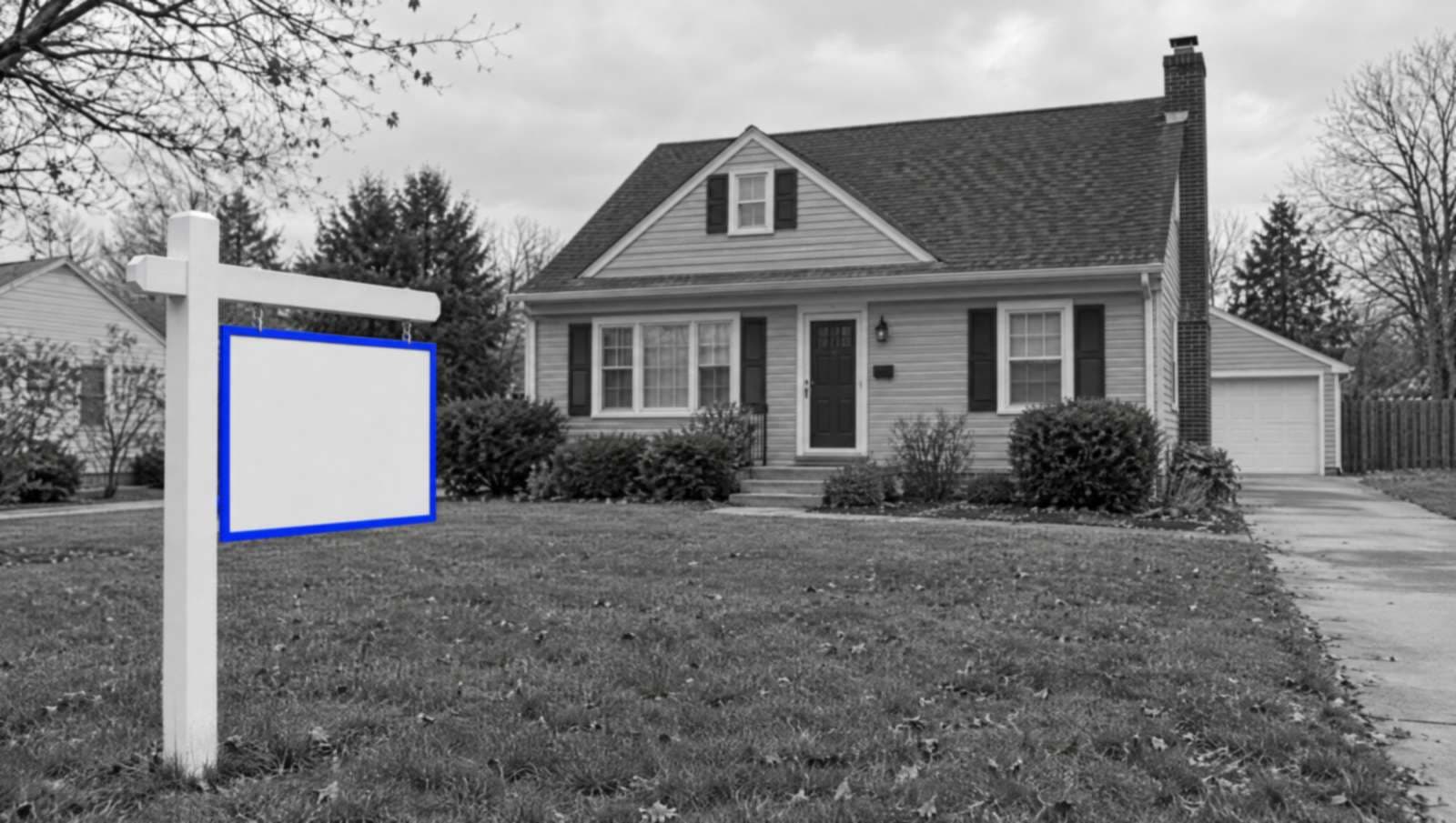 A plain, blank yard sign on the lawn of a quiet house in black and white. The edge of the sign is bright blue.