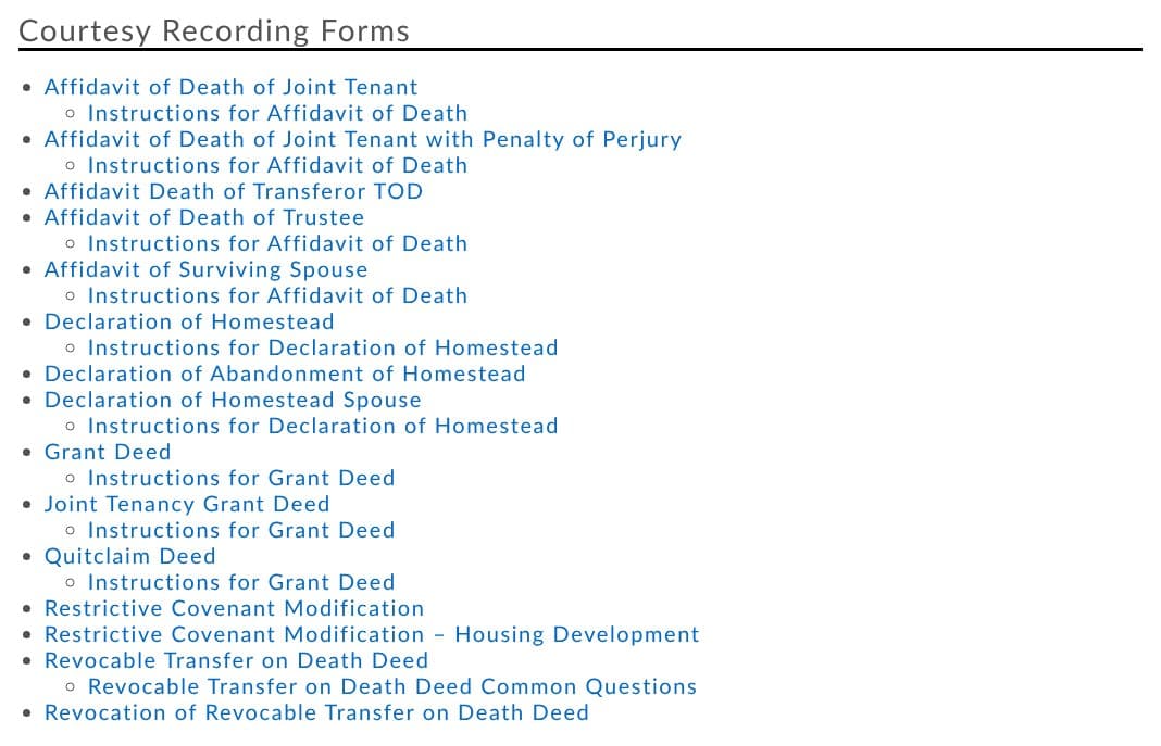 The Courtesy Recording Forms list on the San Diego County Recorder's website, with links for Grant Deed, Joint Tenancy Grant Deed, Quitclaim Deed, transfer on death deed forms and their instructions