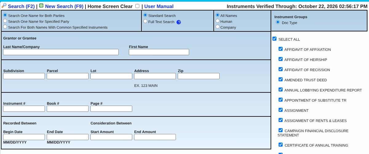 The Shelby County Register of Deeds Property Search form, with boxes for grantor or grantee name, subdivision, parcel, address, instrument number and recorded dates.