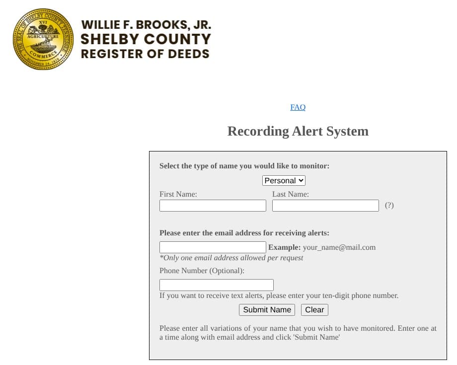 The Shelby County Register of Deeds Recording Alert sign-up form, with boxes for first name, last name, one email address and an optional phone number for text alerts.