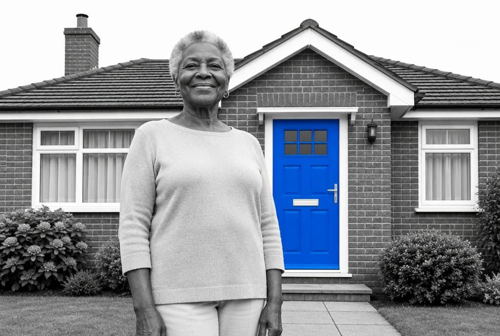A smiling older woman standing in front of her brick home with a blue front door
